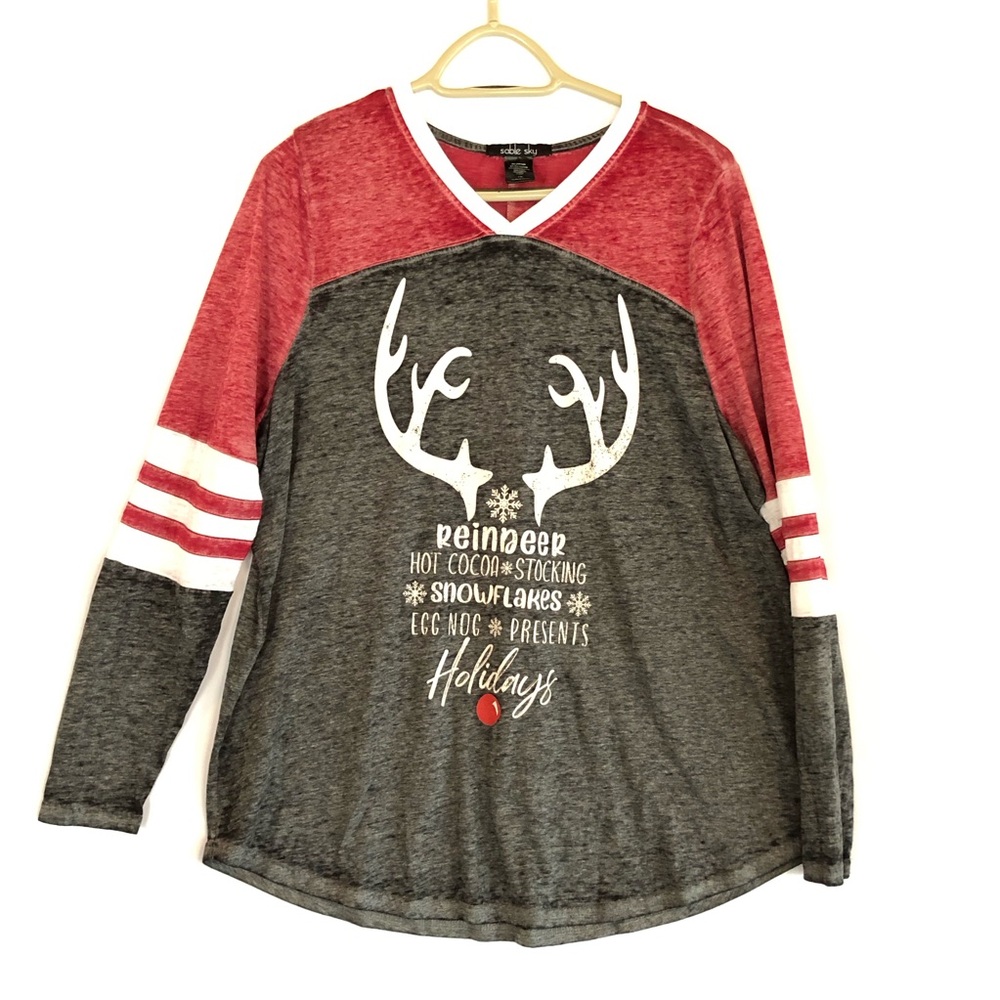 Sable Sky Festive Gray and Red Long Sleeve V-neck Tee Christmas Size 1X